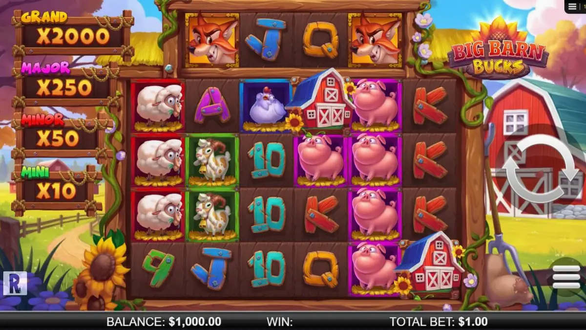 Isang masayang tanawin ng bukid na may mga hayop at simbolo ng slot machine sa Big Barn Bucks